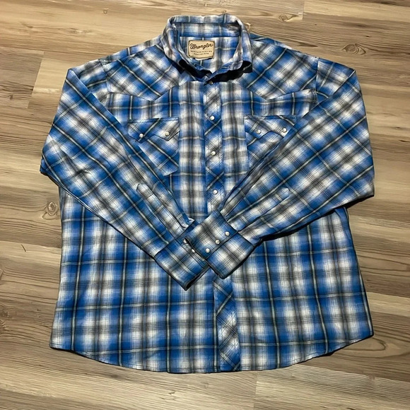Wrangler western snap up shirt Blue plaid Pearlized snaps Long sleeves Mens XL - Picture 3 of 14
